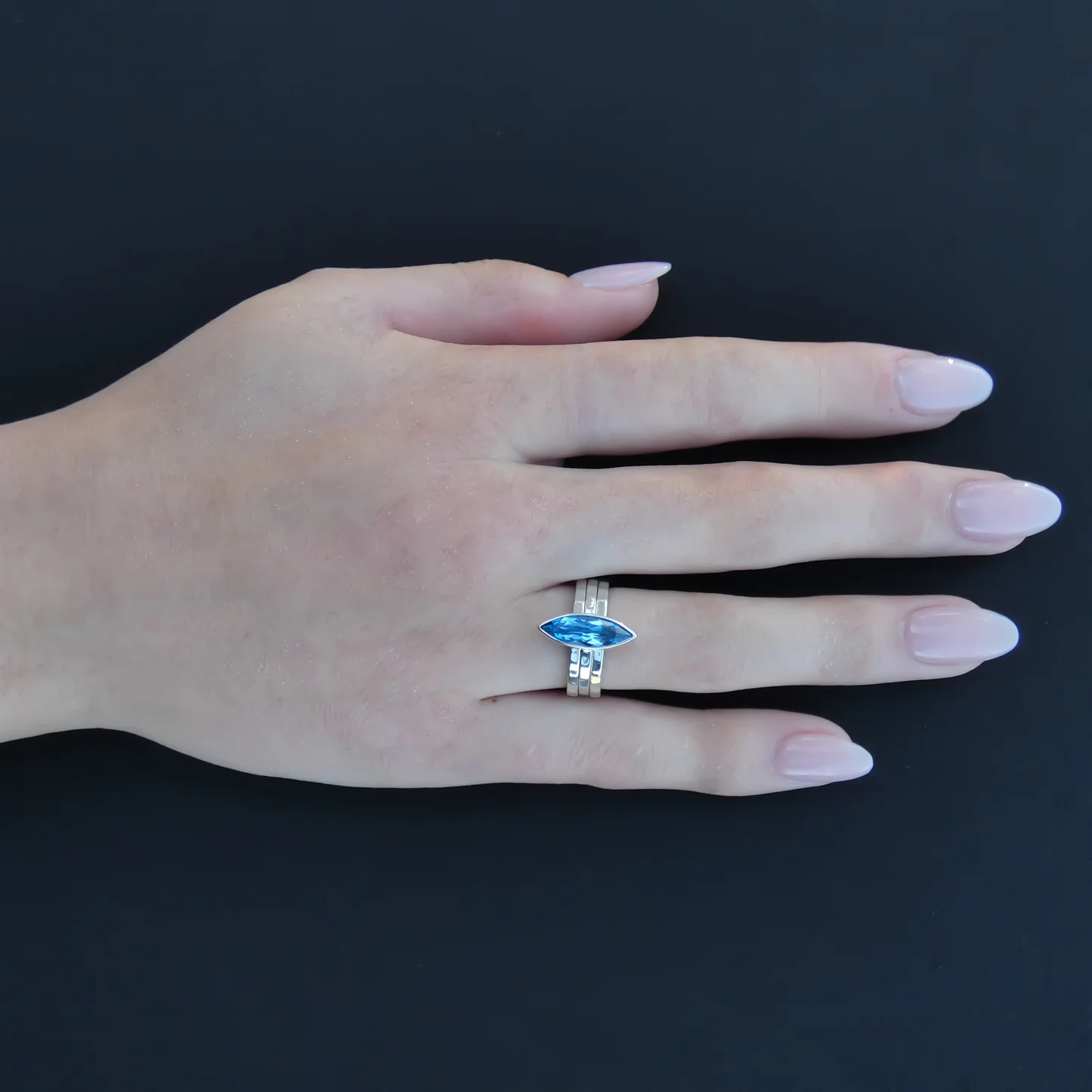Stack Ring Set With Marquis Cut Swiss Blue Topaz - Sterling Silver