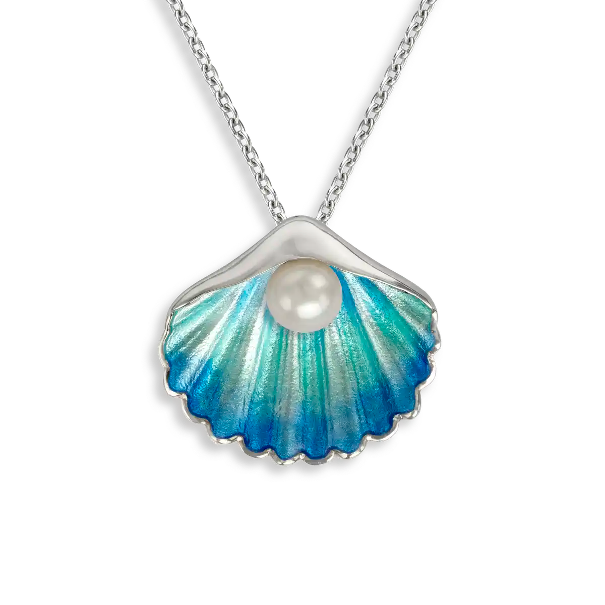 Blue Shell with Fresh Water Pearl Necklace - Sterling Silver