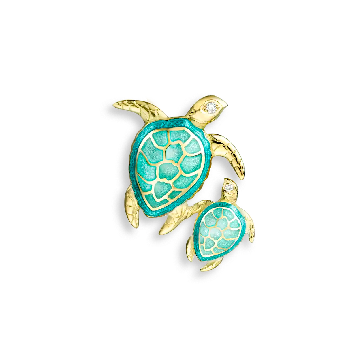 Mommy-and-Me Sea Turtle with Diamond Eyes - 18k Yellow Gold