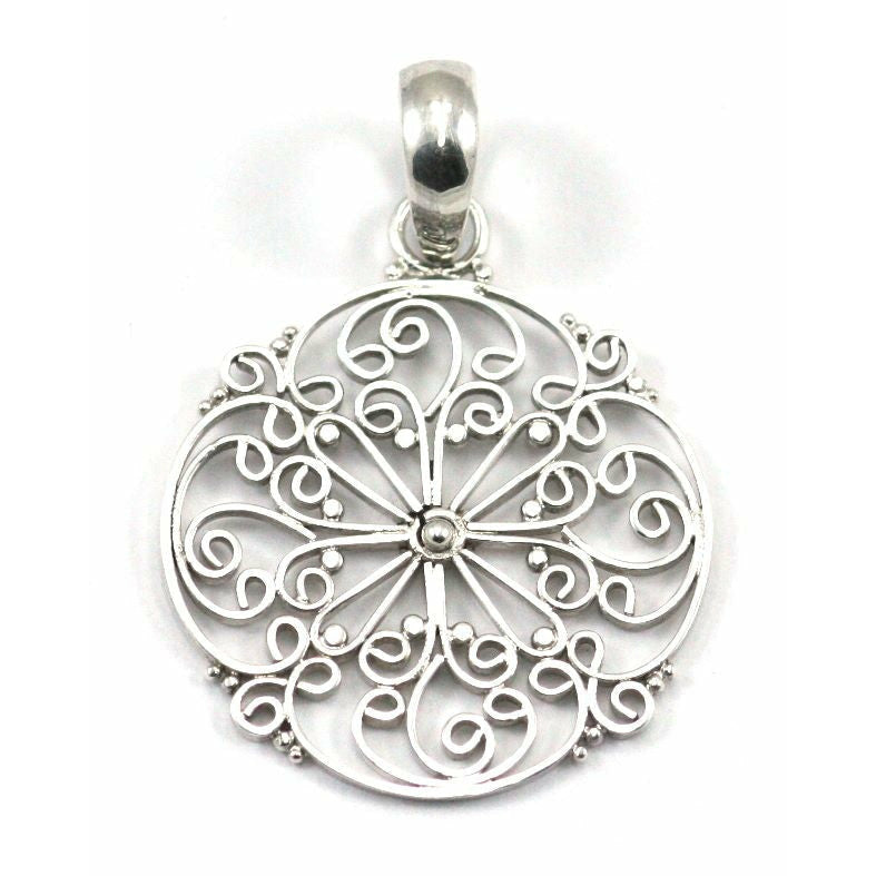 Bali Round Hand Filigreed Pendant - Sterling Silver