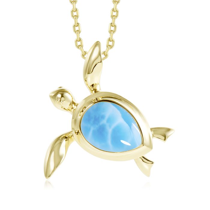 Larimar Turtle Pendant - 14k Yellow Gold