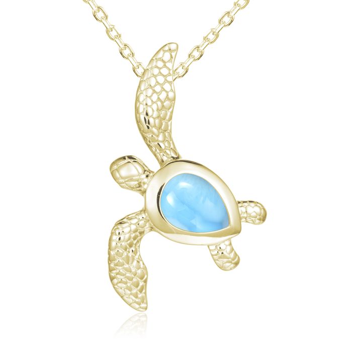 Larimar Turtle Pendant - 14k Yellow Gold