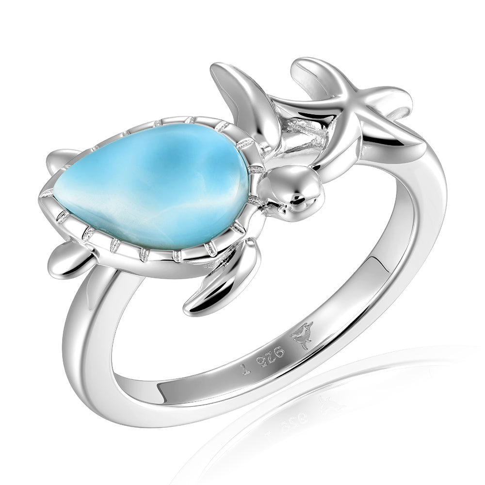 Larimar Turtle and Starfish Ring - Sterling Silver
