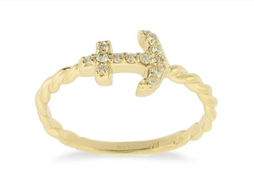 Diamond Anchor Ring - 14k Yellow Gold