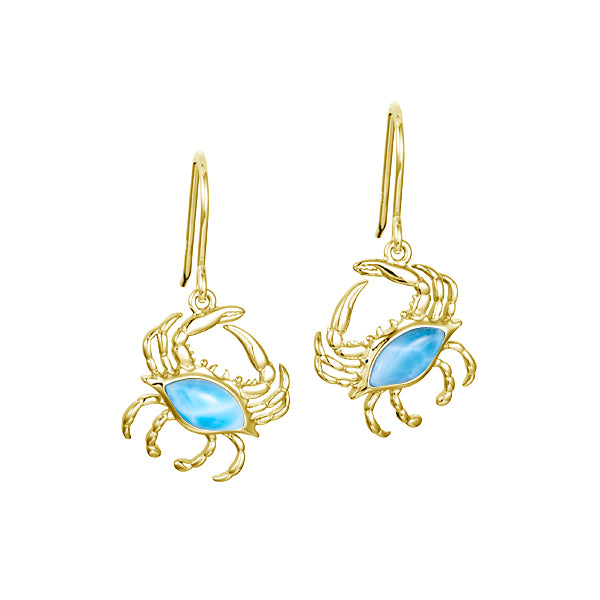 Larimar Blue Crab Dangle Earrings - 14k Yellow Gold