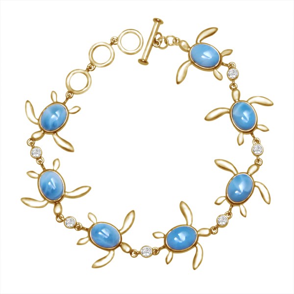 Diamond and Larimar Turtle Bracelet - 14k Yellow Gold