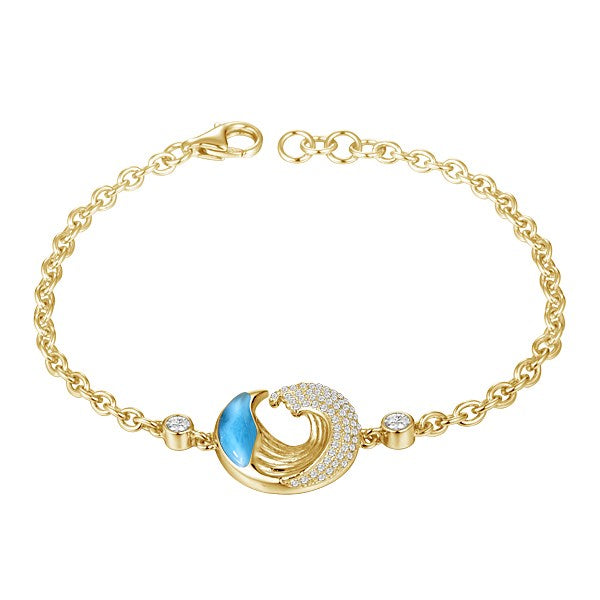 Diamond and Larimar Wave Bracelet - 14k Yellow Gold