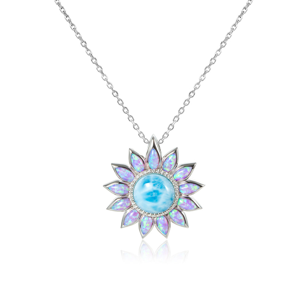 Larimar and Opal Sunflower Necklace - Sterling Silver