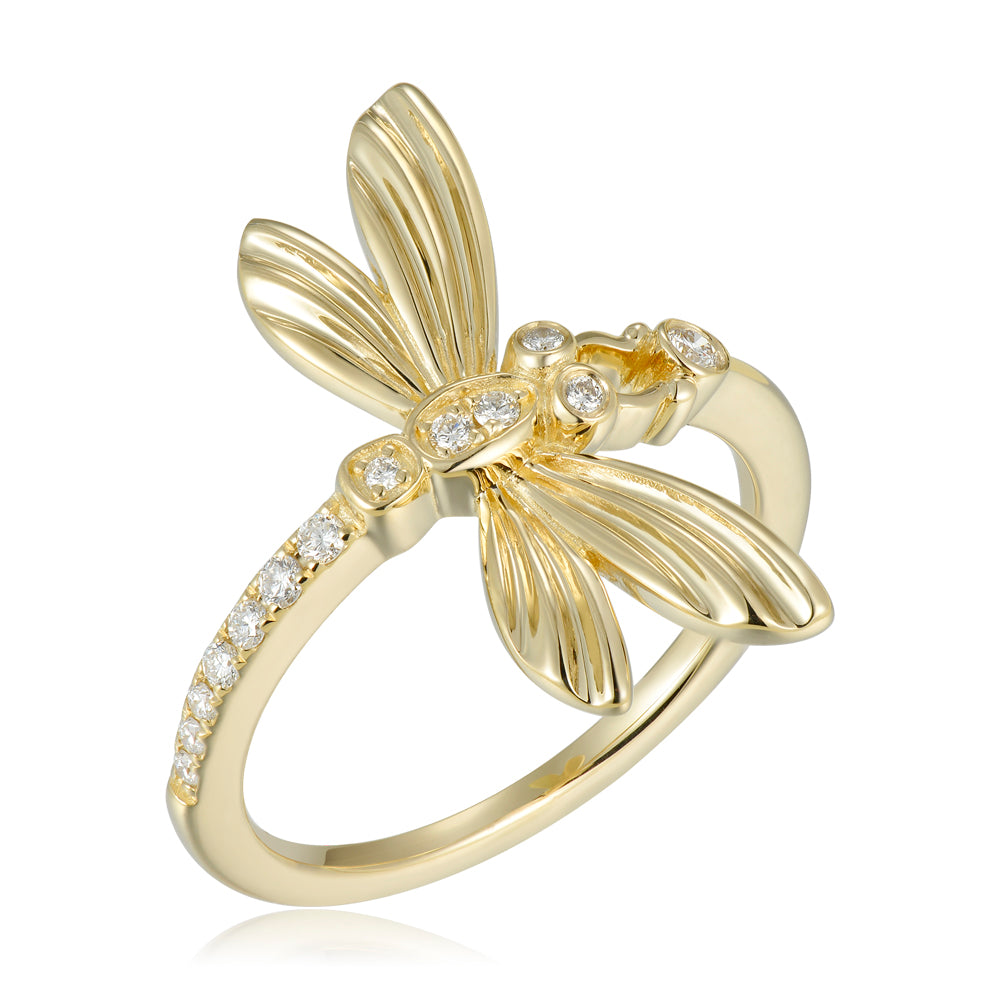 Diamond Dragonfly Ring - 14k Yellow Gold
