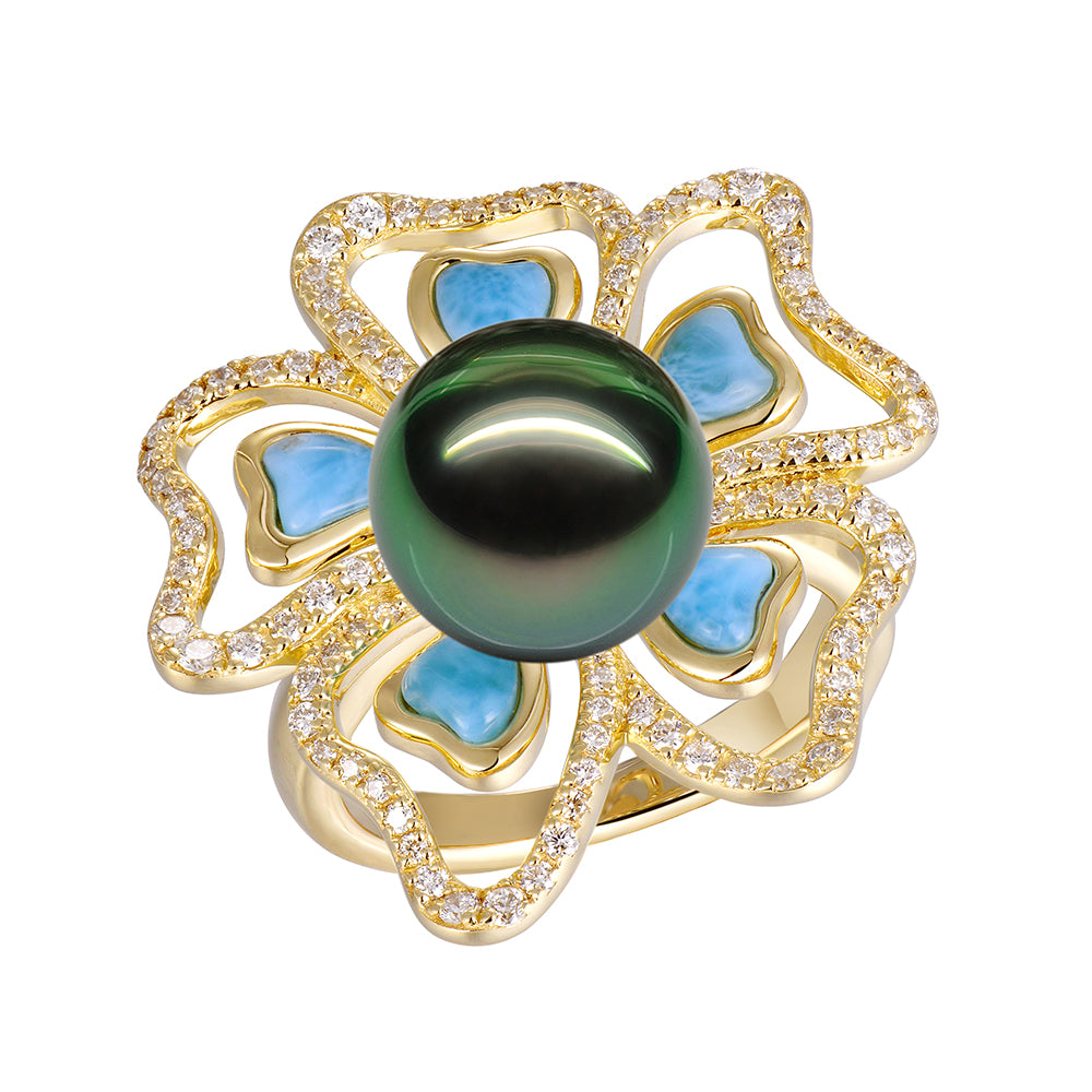 Tahitian Pearl Flower Ring - 14k Yellow Gold