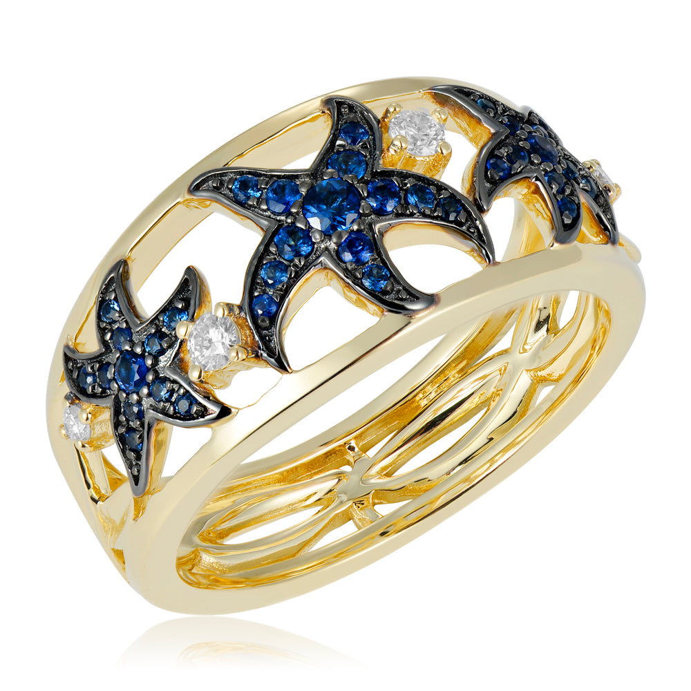 Sapphire and Diamond Starfish Ring - 14k Yellow Gold