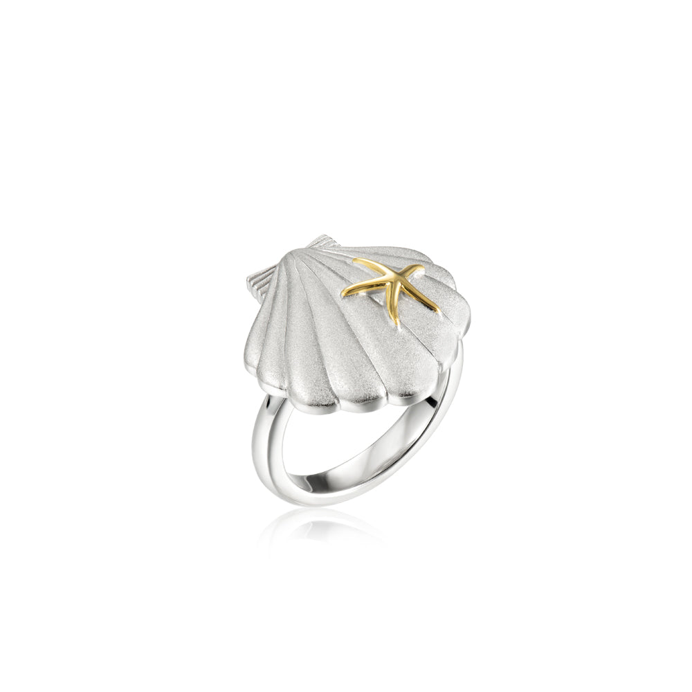 Scallop and Starfish Ring - Sterling and 14k Gold