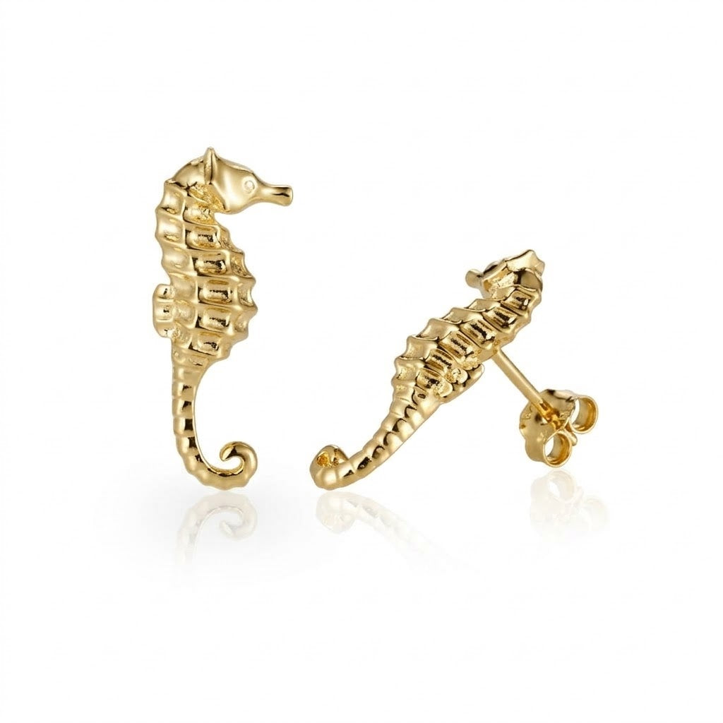 Seahorse with Diamond Eye Earrings - 14k Yellow Gold