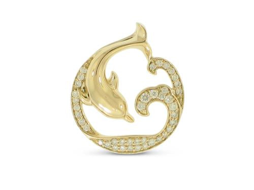 Diamond Dolphin and Wave Pendant - 14k Yellow Gold