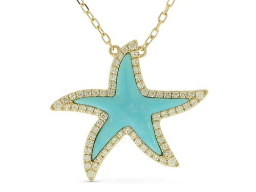 Turquoise and Diamond Starfish Necklace - 14k Yellow Gold