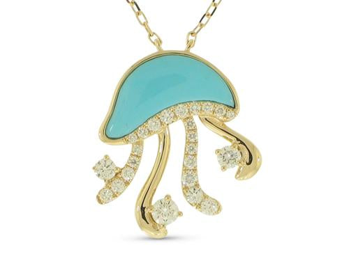 Turquoise and Diamond Jellyfish Necklace - 14k Yellow Gold
