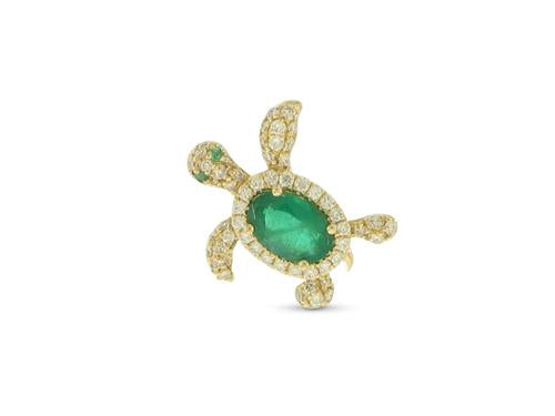Emerald and Diamond Sea Turtle Pendant - 14k Yellow Gold