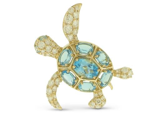 Blue Topaz and Diamond Turtle - 14k Yellow Gold