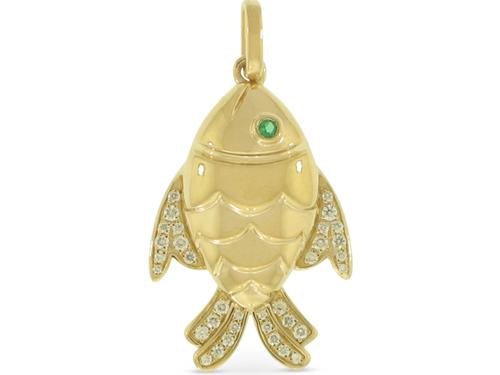 Diamond and Emerald Koi Fish Pendant - 14k Yellow Gold