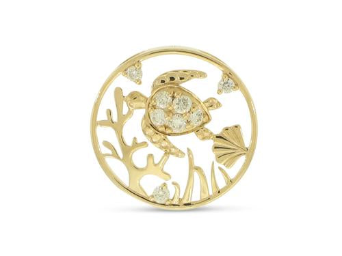Diamond Seascape and Turtle Pendant - 14k Yellow Gold