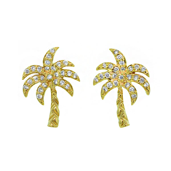 Diamond Palm Tree Earrings - 14k Yellow Gold