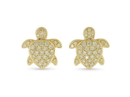 Diamond Encrusted Sea Turtle Earrings - 14k Yellow Gold
