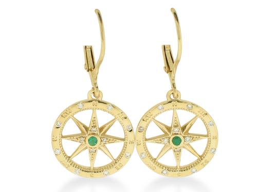 Diamond/Emerald Compass Earrings - 14k Yellow Gold