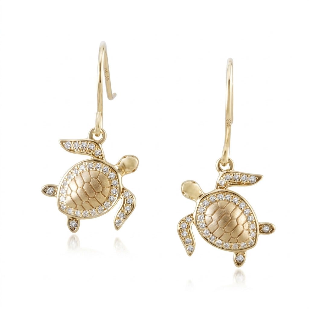 Diamond Honu Hook Earrings - 14k Yellow Gold