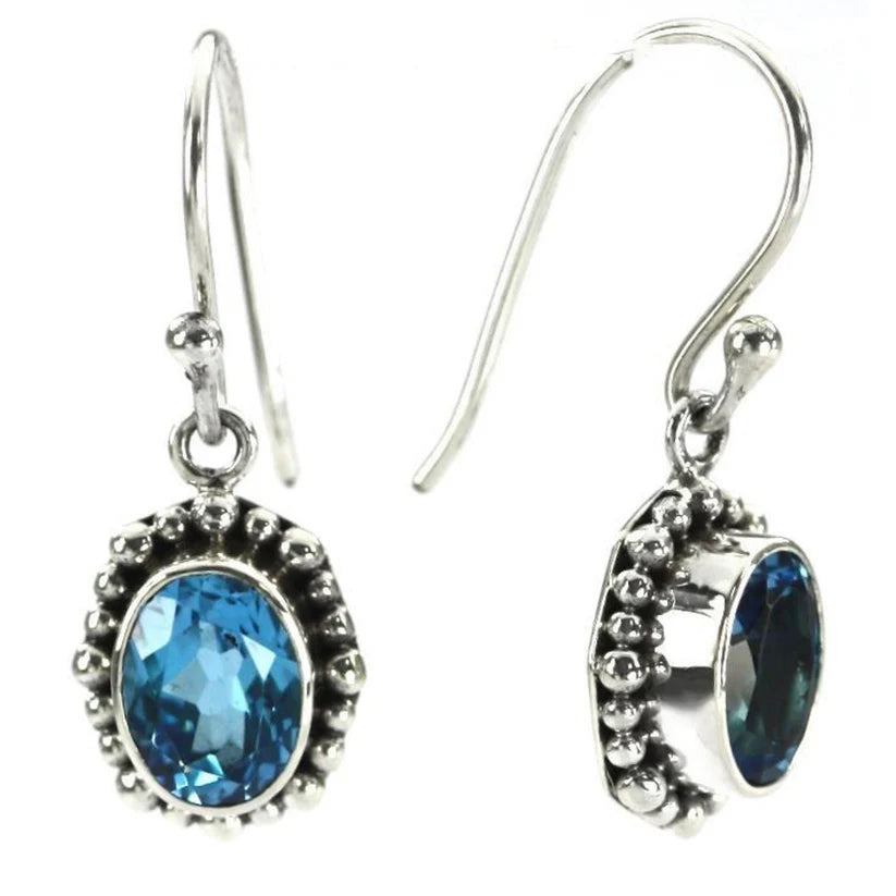 Faceted Gemstone with Beaded Halo Earrings - Sterling Silver