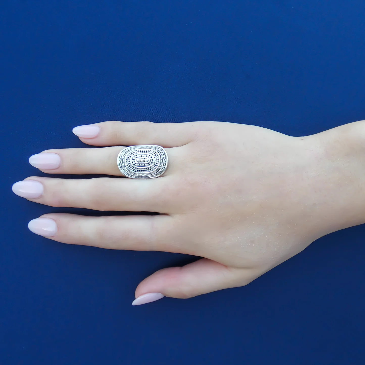 Adjustable Ring with Rope Trim and Beaded Center - Sterling Silver