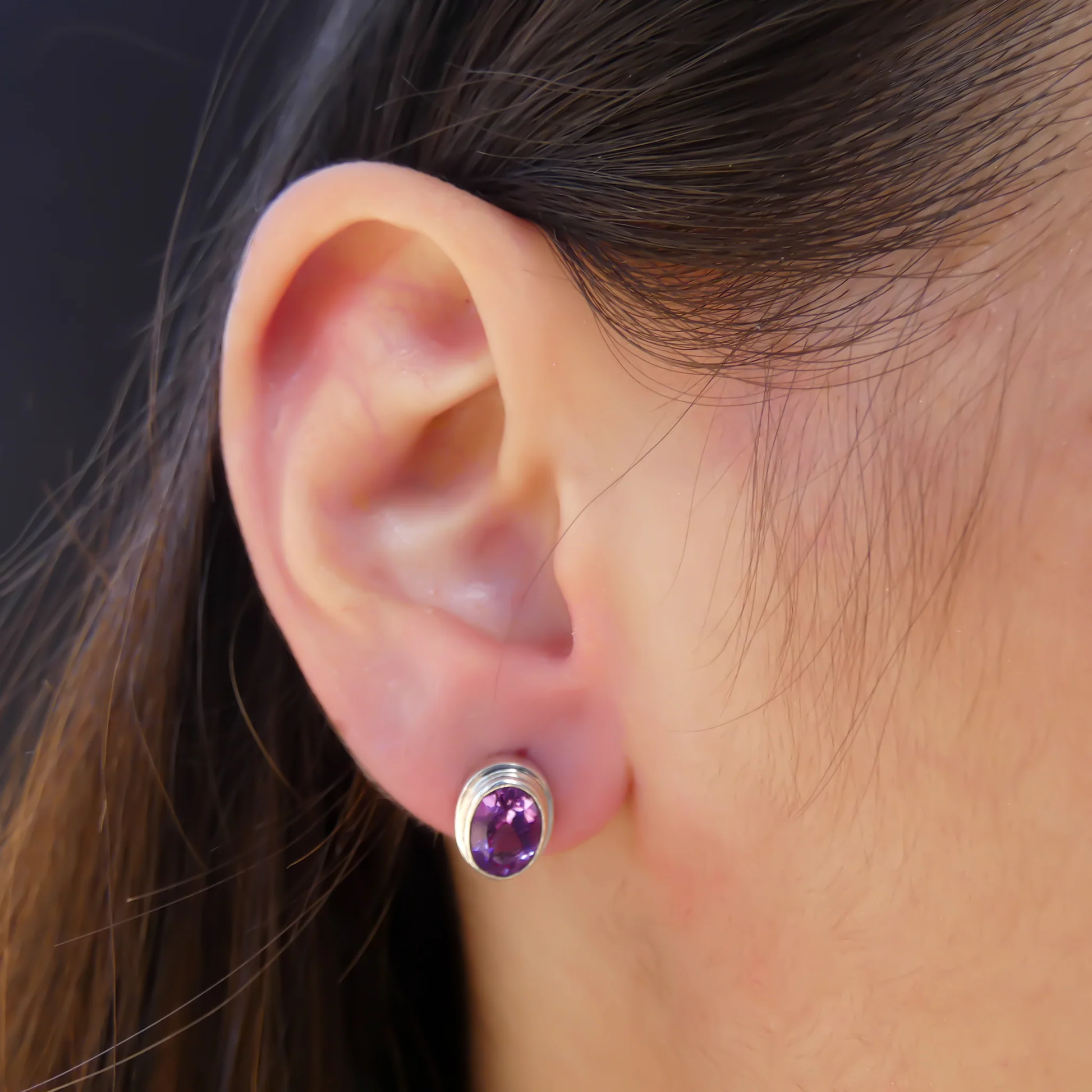 Amethyst High Polish Post Earrings - Sterling Silver