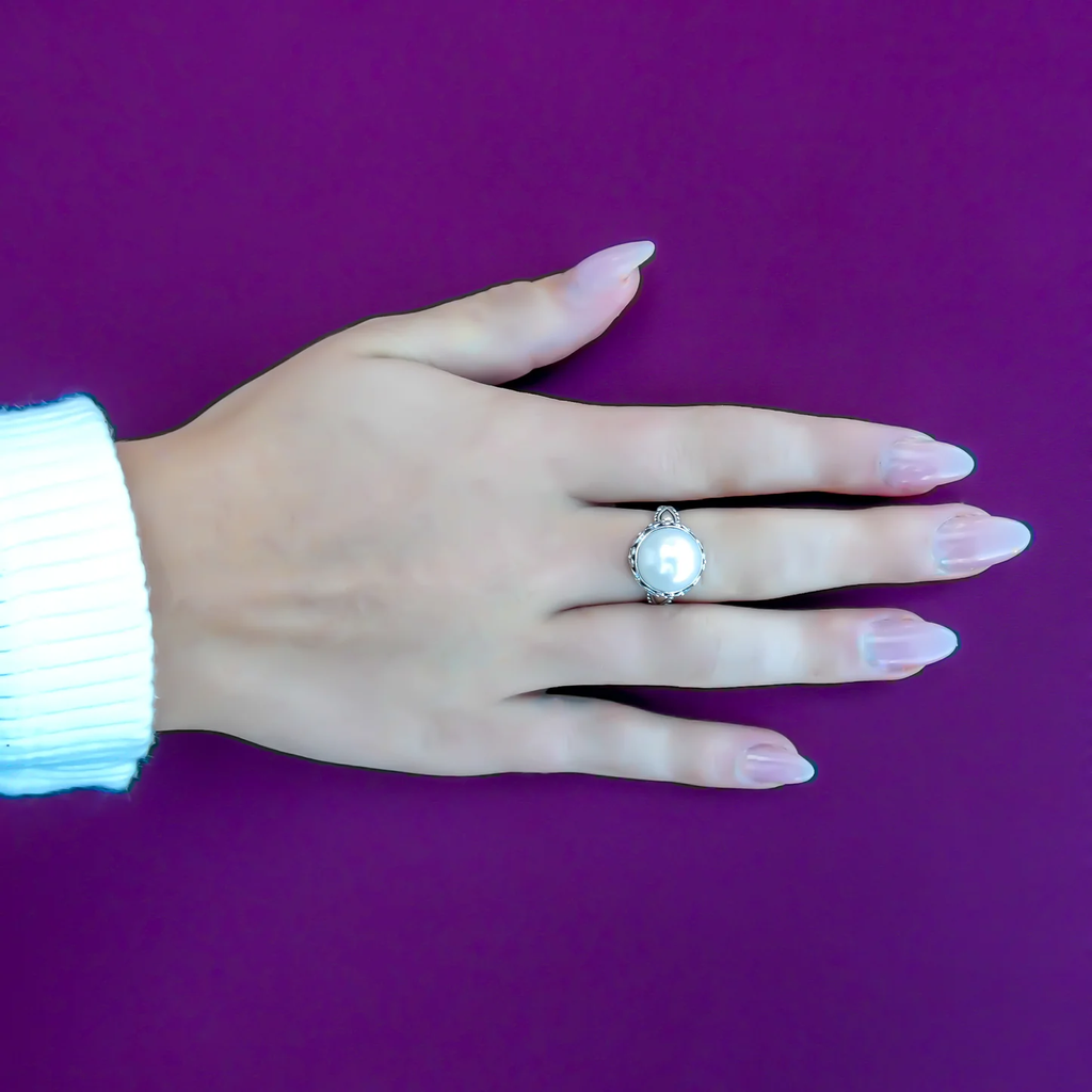 Round Pearl and Filigree Adornment Ring - Sterling Silver