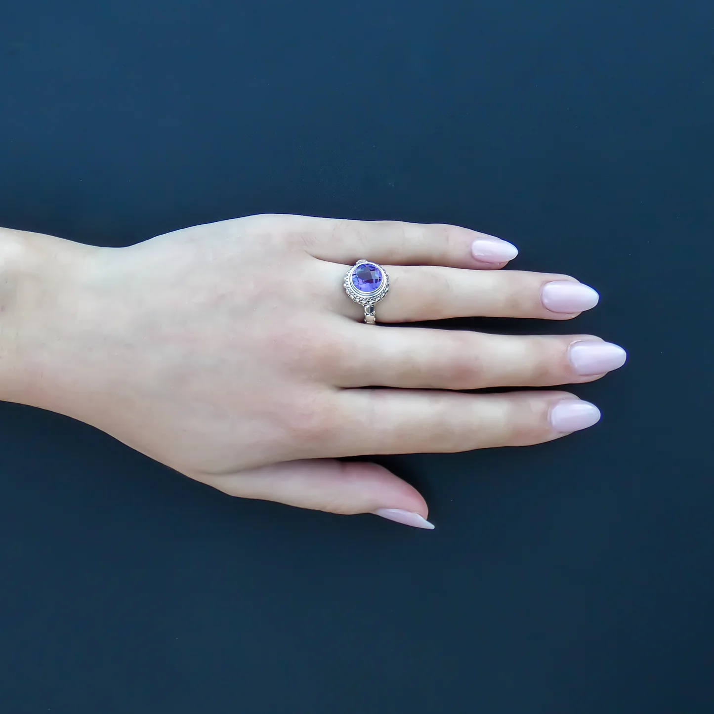 Round Amethyst Ring - Sterling Silver