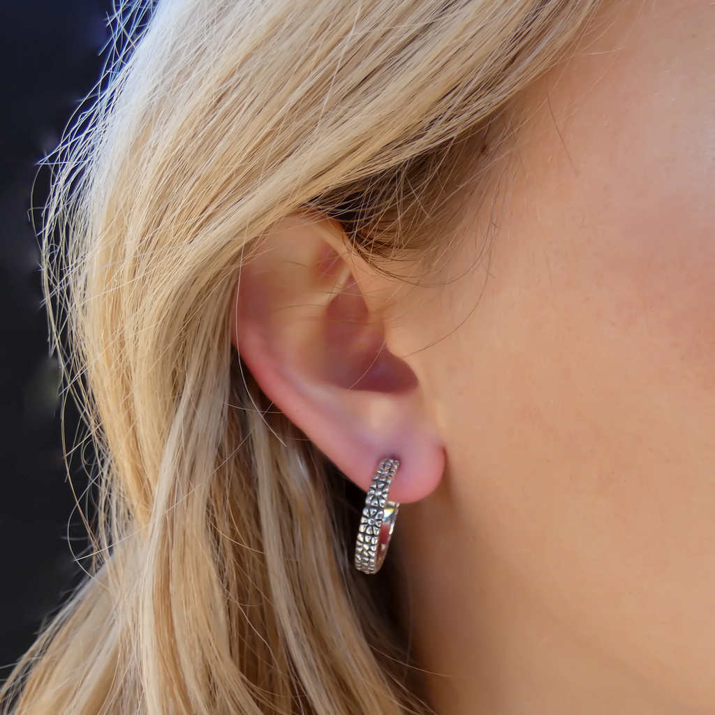 Flower Design Hoop Earrings - Sterling Silver