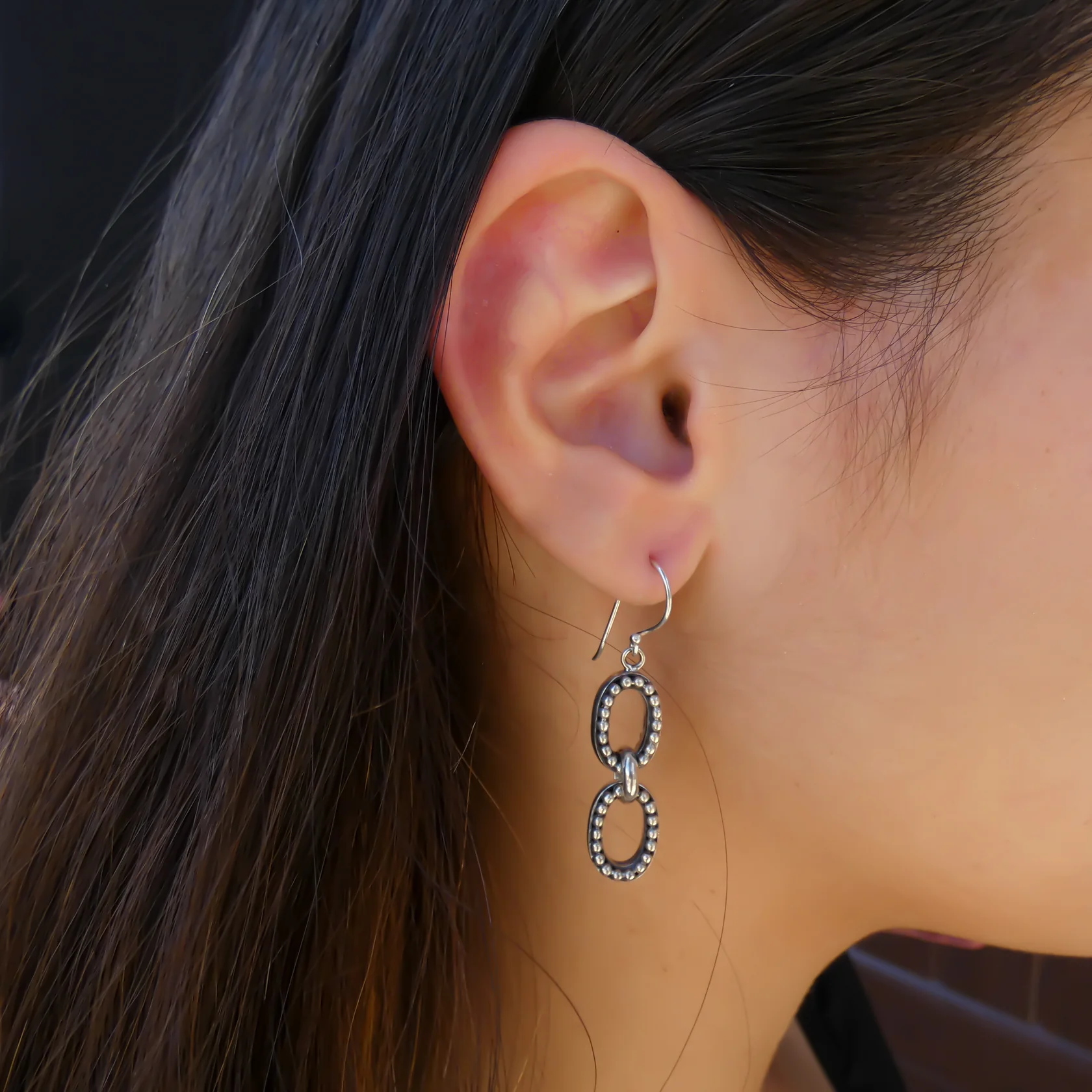 Beaded Oval Link Bali Earrings - Sterling Silver