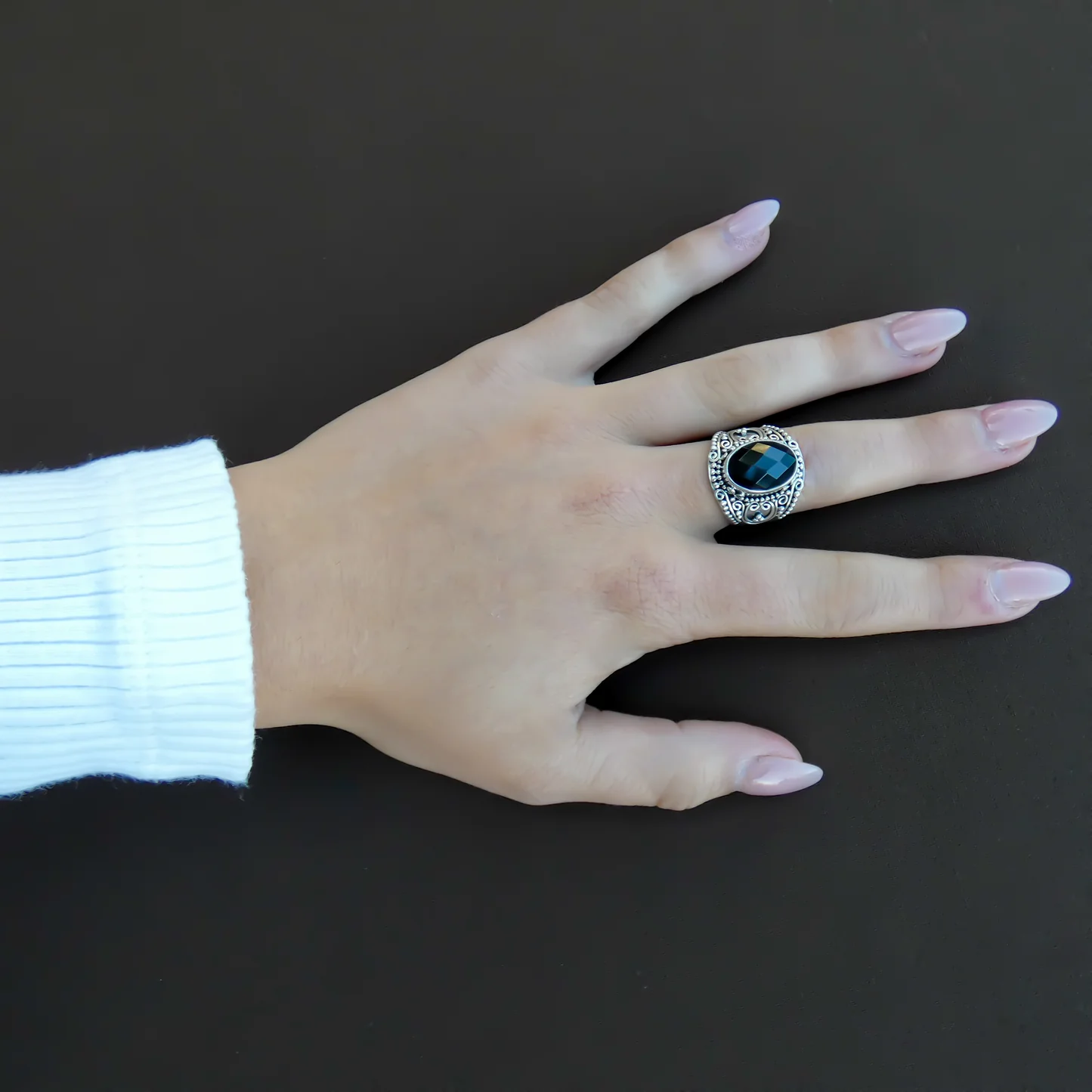 Faceted Black Onyx Ring - Sterling Silver