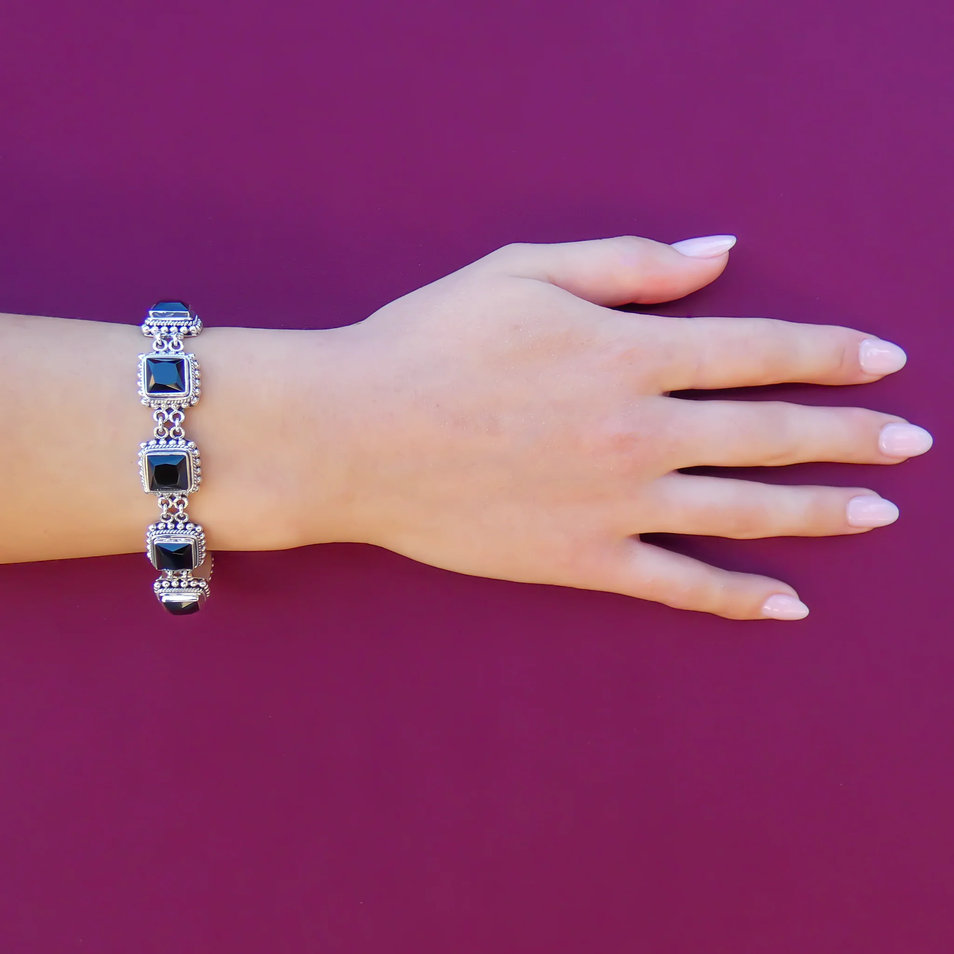 Faceted Black Onyx Station Bracelet - Sterling Silver