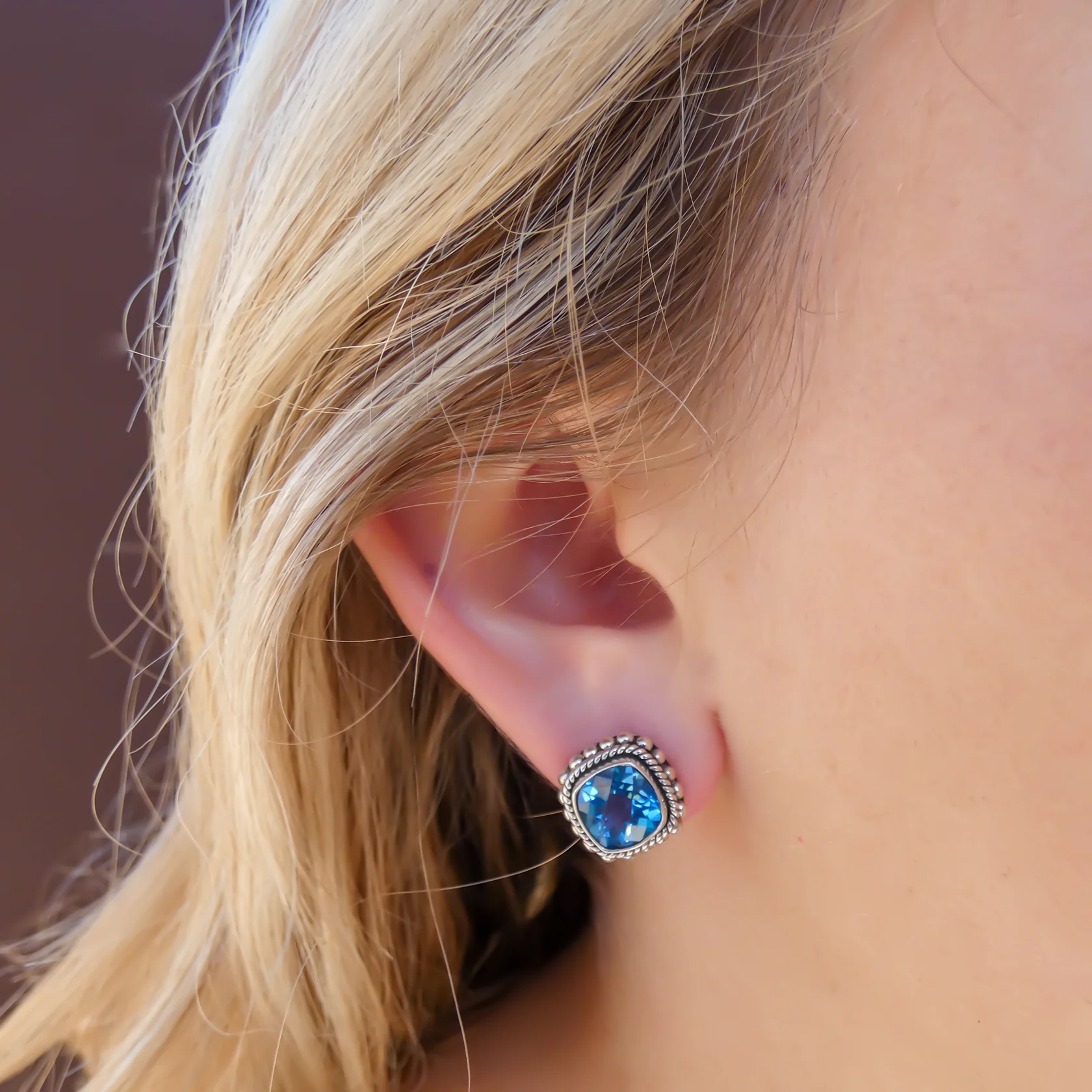 Bali Post Earrings with Genuine Swiss Blue Topaz Gemstones - Sterling Silver
