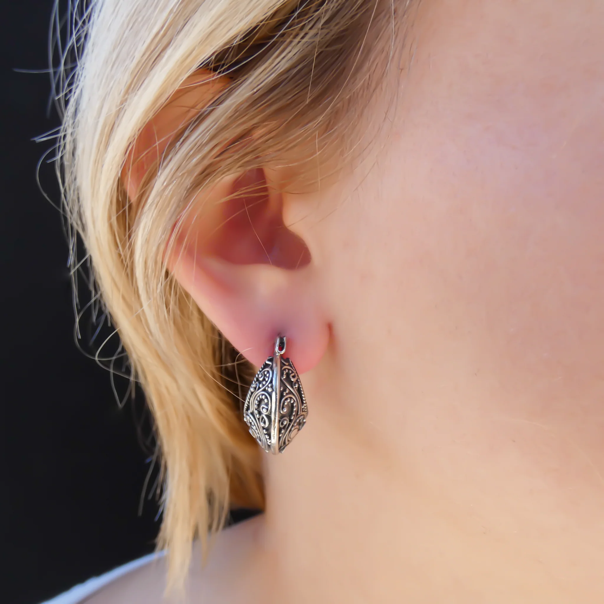 Hand Adorned Filigree Scoop Earrings - Sterling Silver