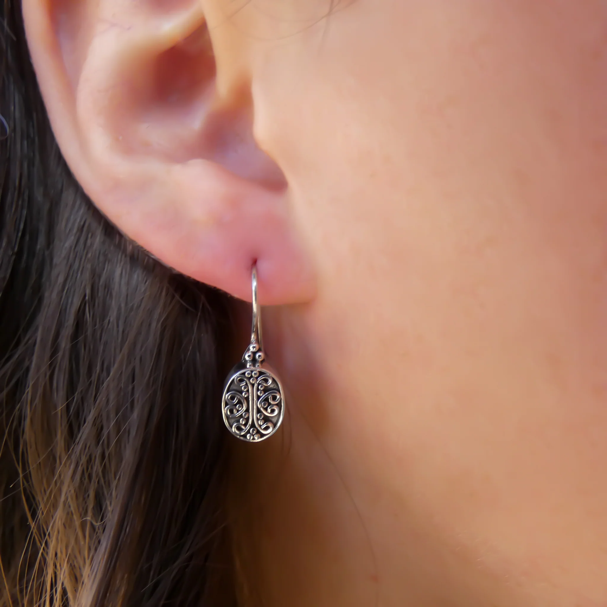 Hand Filigreed Oval Bali Earrings - Sterling Silver
