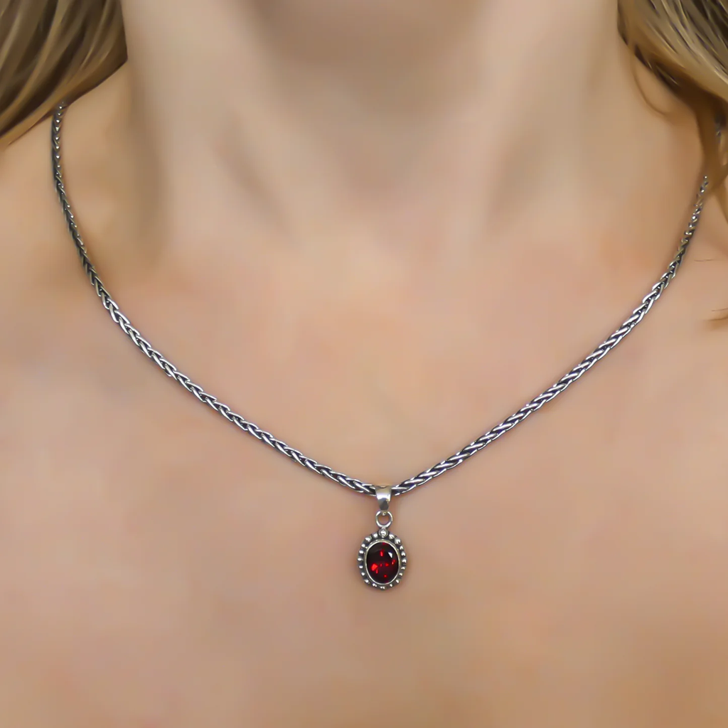 Bali Oval Garnet Beaded Pendant - Sterling Silver