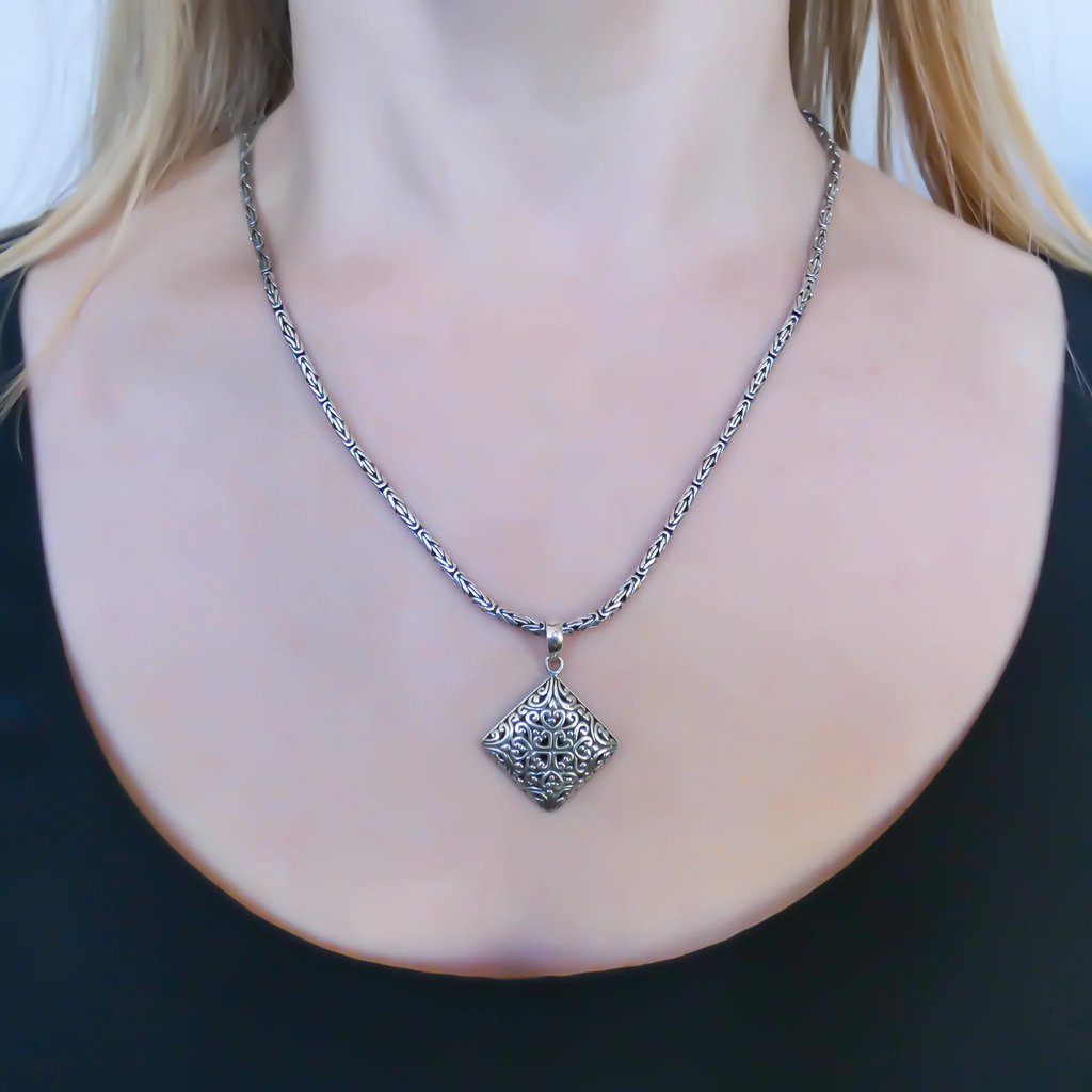 Bali Square Shape Filigree Pendant - Sterling Silver