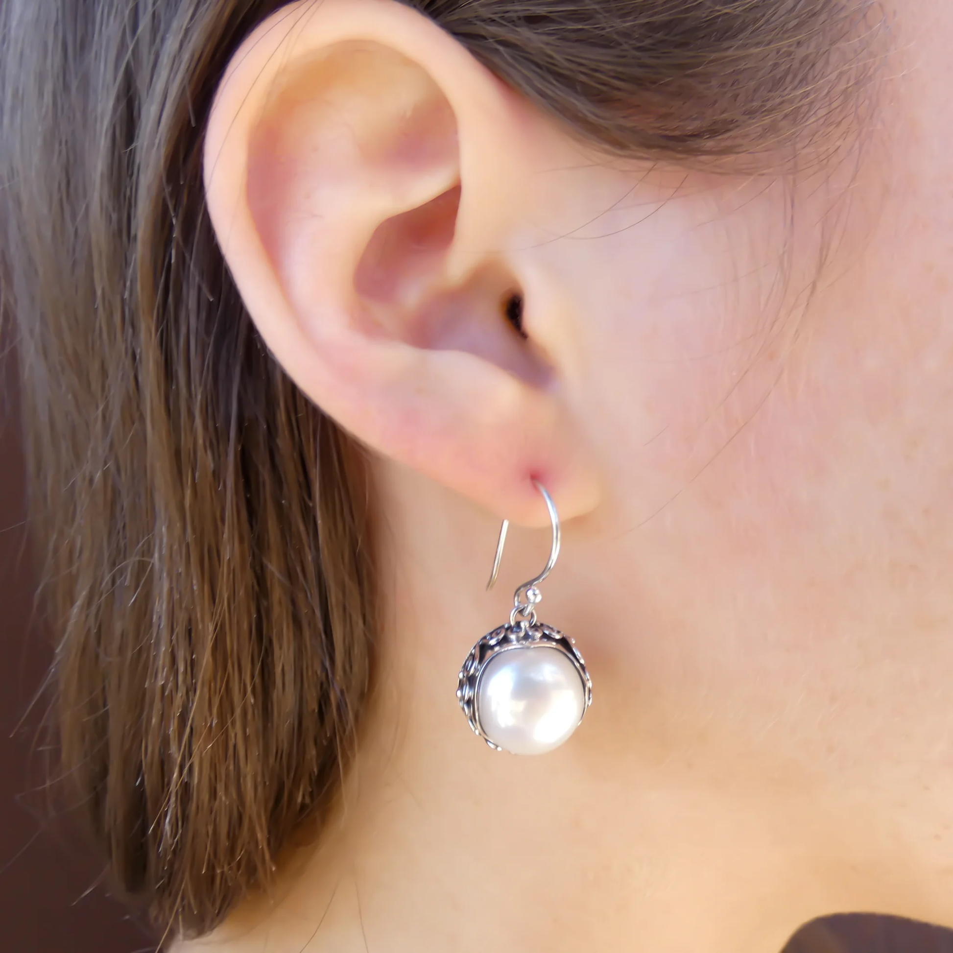 Freshwater Pearl with Filigree Adornment Earrings - Sterling Silver