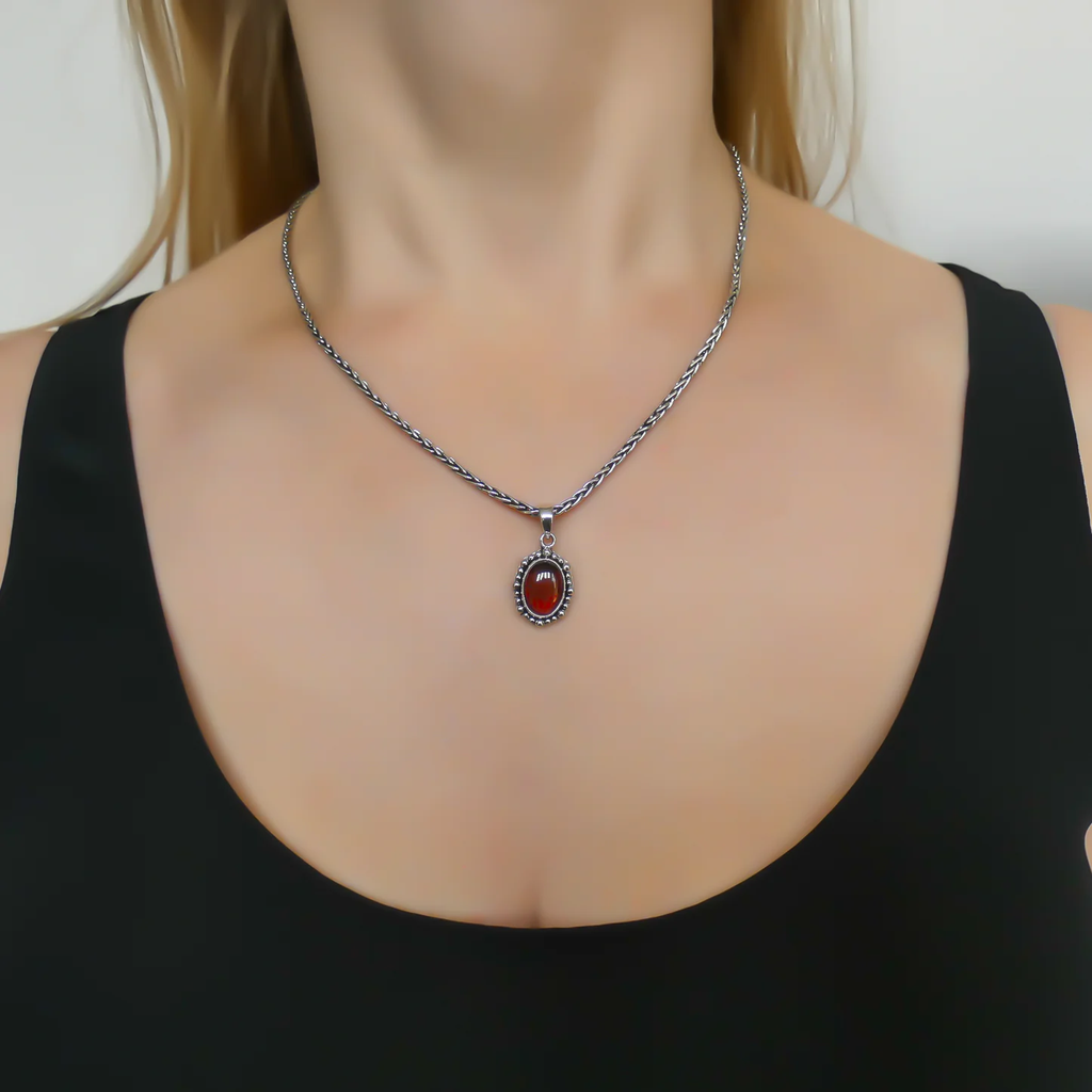 Oval Amber Beaded Pendant - Sterling Silver