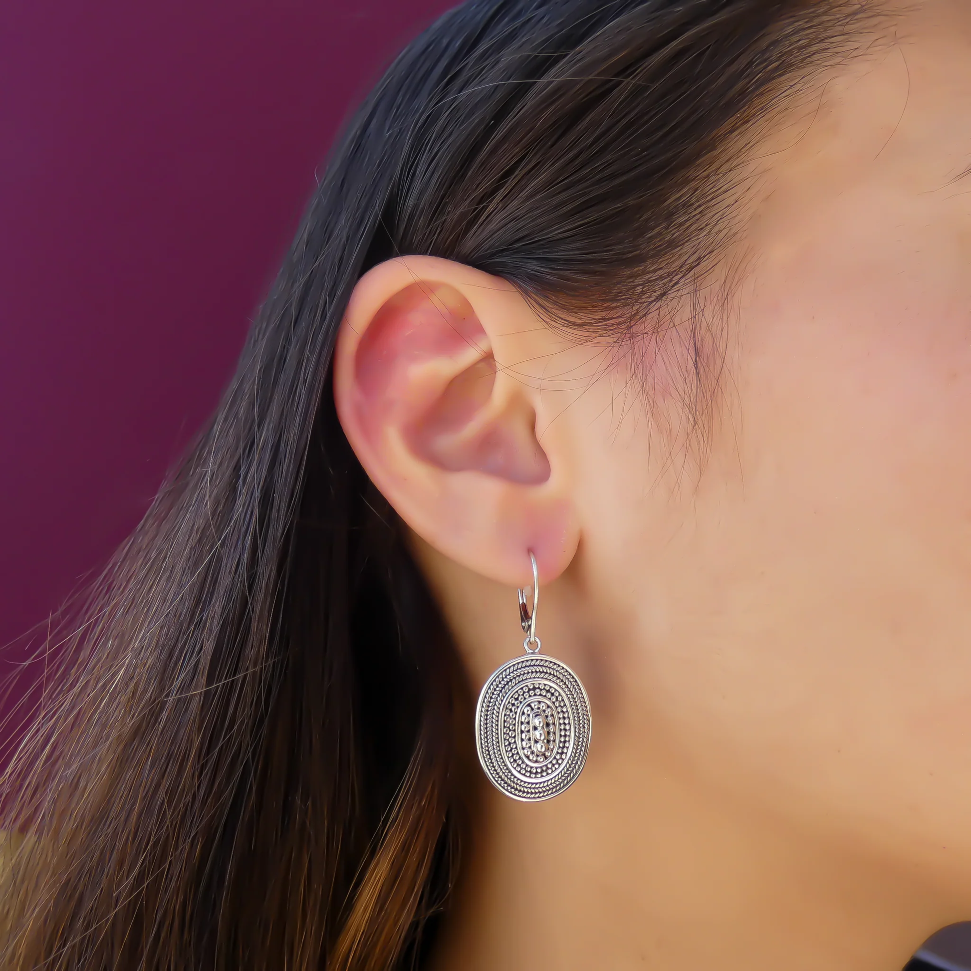 Hand Beaded Oval Earrings with Rope Trim - Sterling Silver