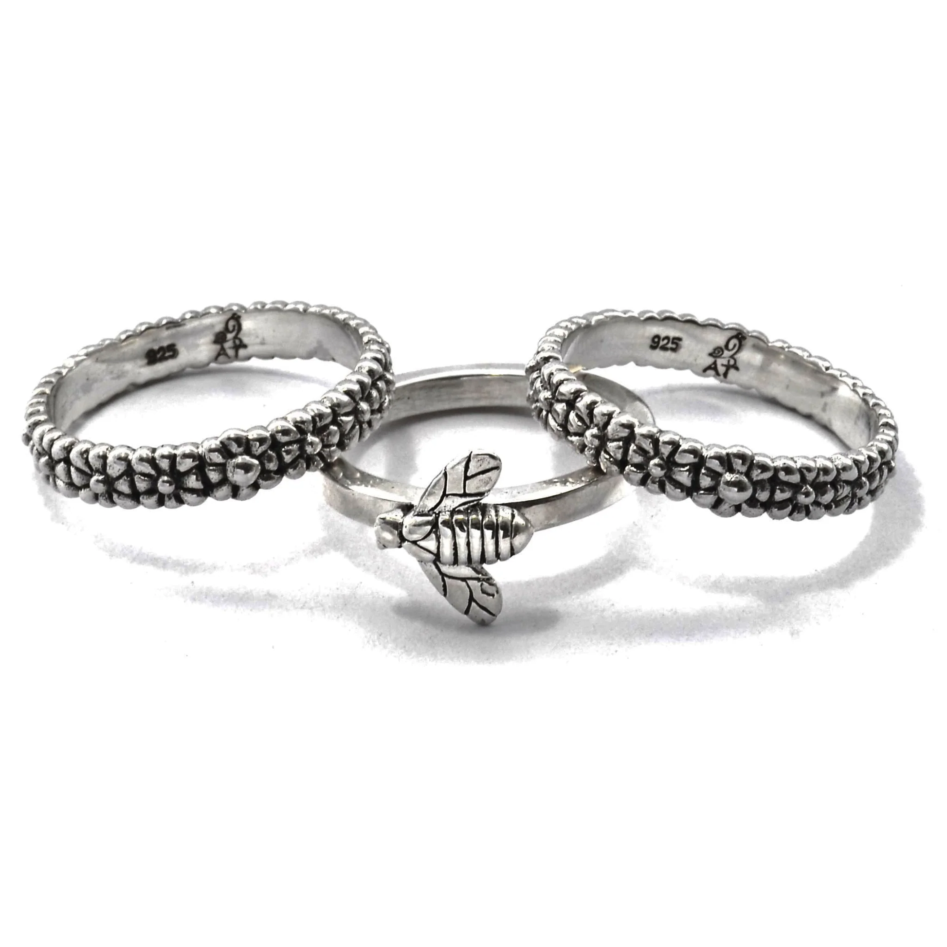 Stack Ring Set with Bee Design - Sterling Silver