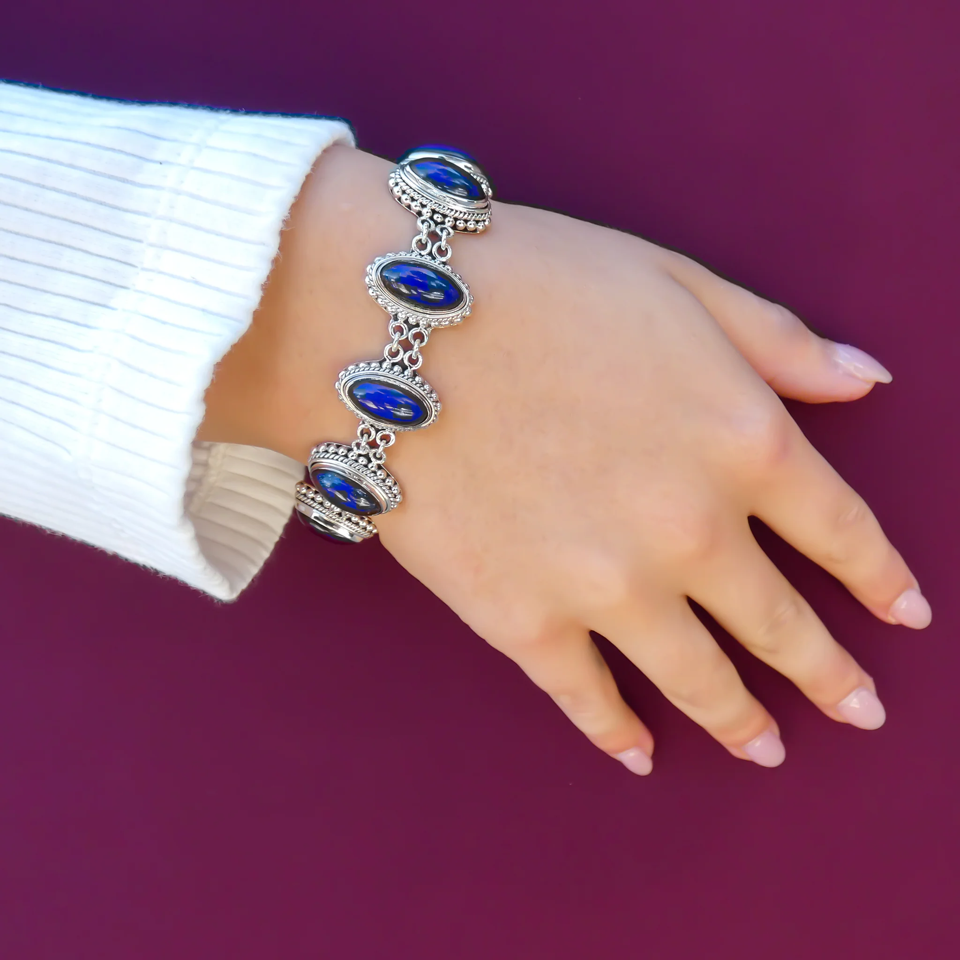 Lapis Gemstones Bali Link Bracelet - Sterling Silver