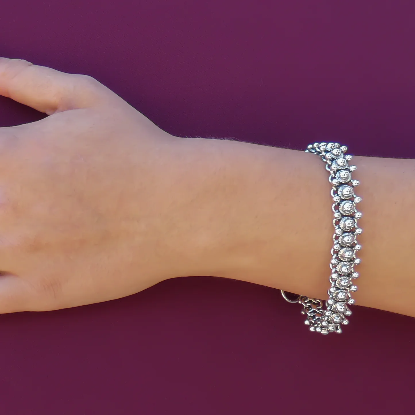 Beaded Link Bracelet with Hand Granulated End Caps - Sterling Silver