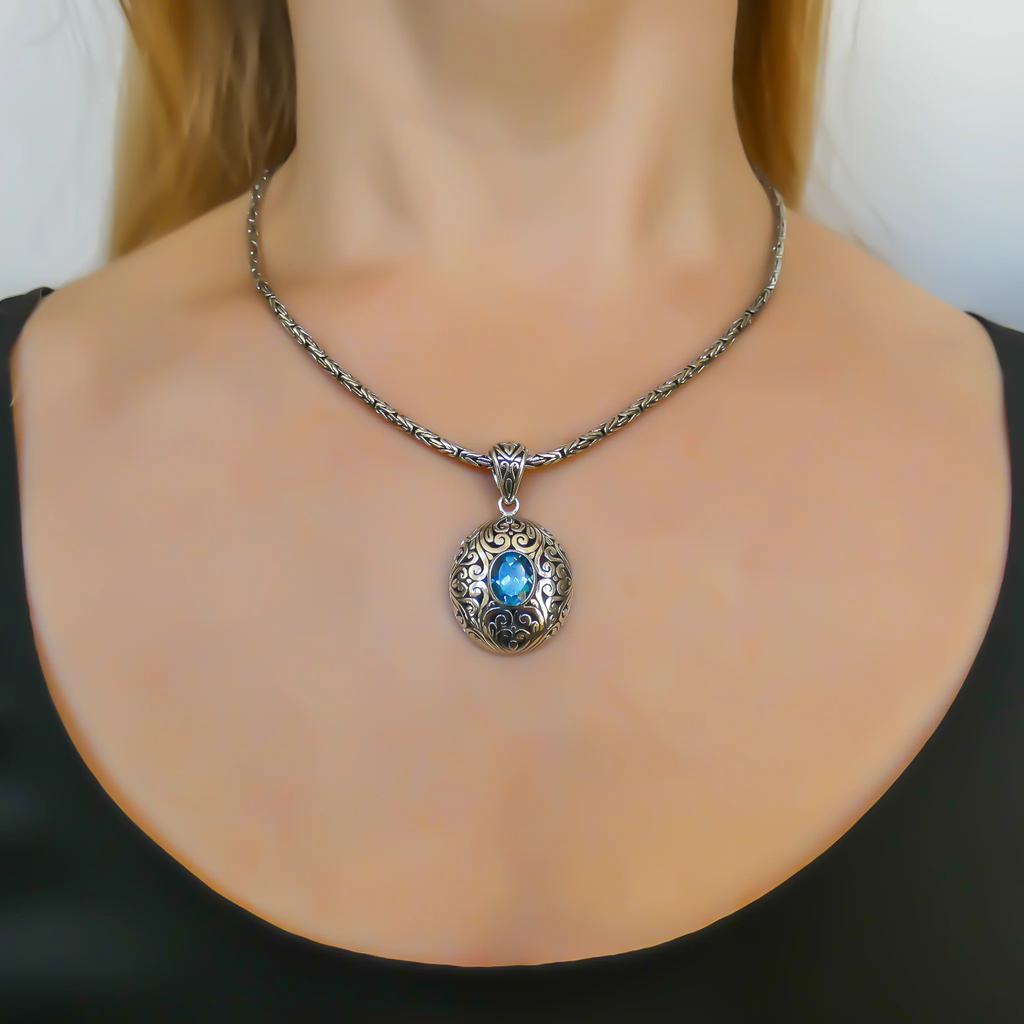 Carved Pendant with Swiss Blue Topaz - Sterling Silver