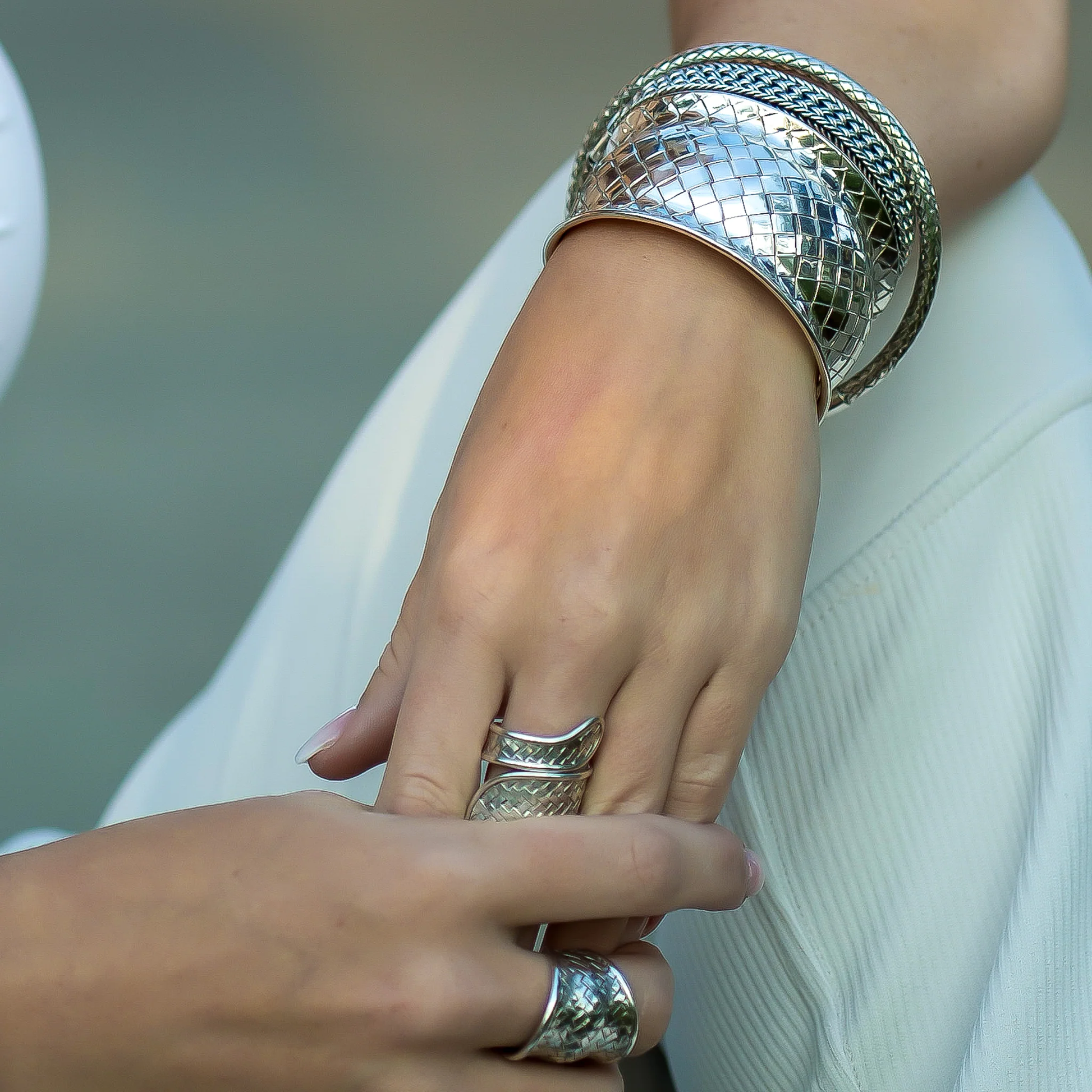 Basket Weave Bali Cuff Bracelet - Sterling Silver